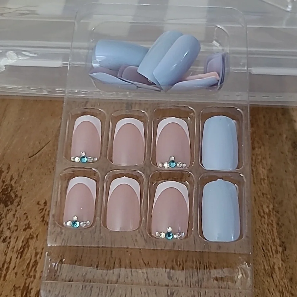 2/$16 Rhinestone Blue Long Press On Nails